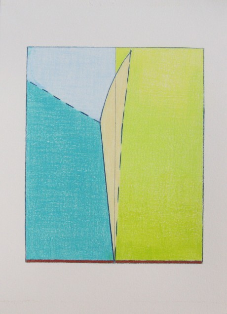 Photo of artwork showing light blue, aqua, yellow-green, and cream forms